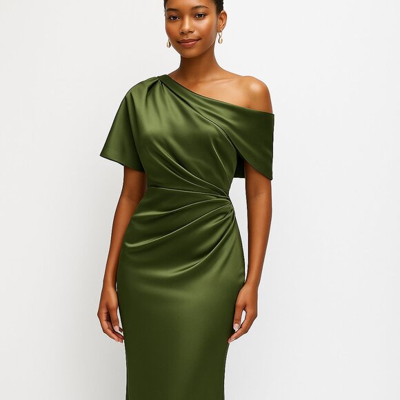 After Six “Nathalie” Ruched One-Shoulder Satin Gown – Size L (Olive Green) - Picture 1 of 16